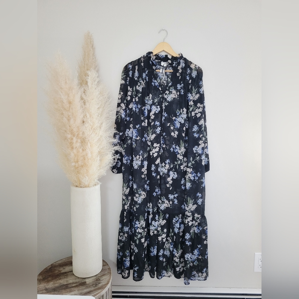 H&M Long Chiffon Ruffle Floral Dress Black Sz xs - Picture 2 of 6